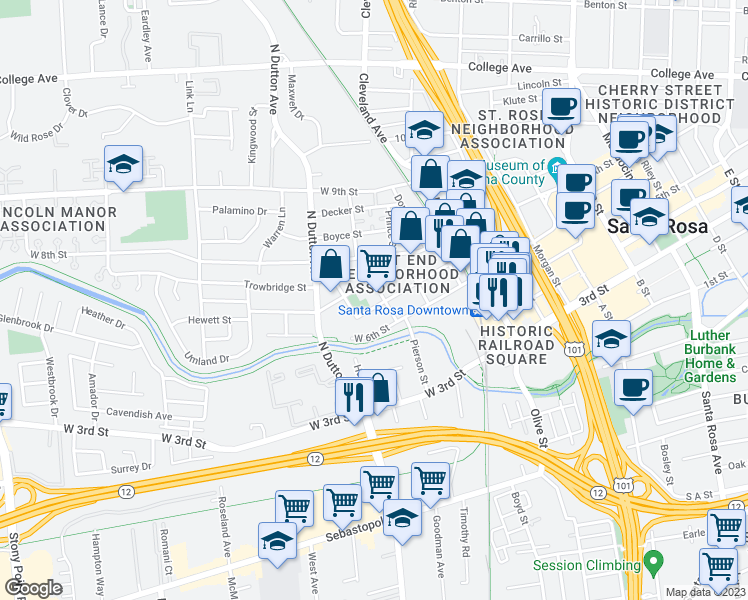 map of restaurants, bars, coffee shops, grocery stores, and more near 207 West 7th Street in Santa Rosa