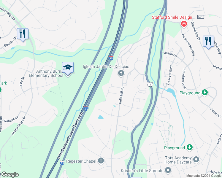 map of restaurants, bars, coffee shops, grocery stores, and more near 303 Galway Lane in Stafford