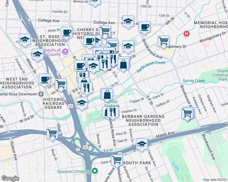 map of restaurants, bars, coffee shops, grocery stores, and more near 100 Santa Rosa Avenue in Santa Rosa