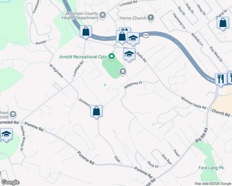 map of restaurants, bars, coffee shops, grocery stores, and more near 1995 Ridgeway Drive in Arnold