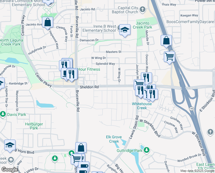map of restaurants, bars, coffee shops, grocery stores, and more near 7700 Sheldon Road in Elk Grove