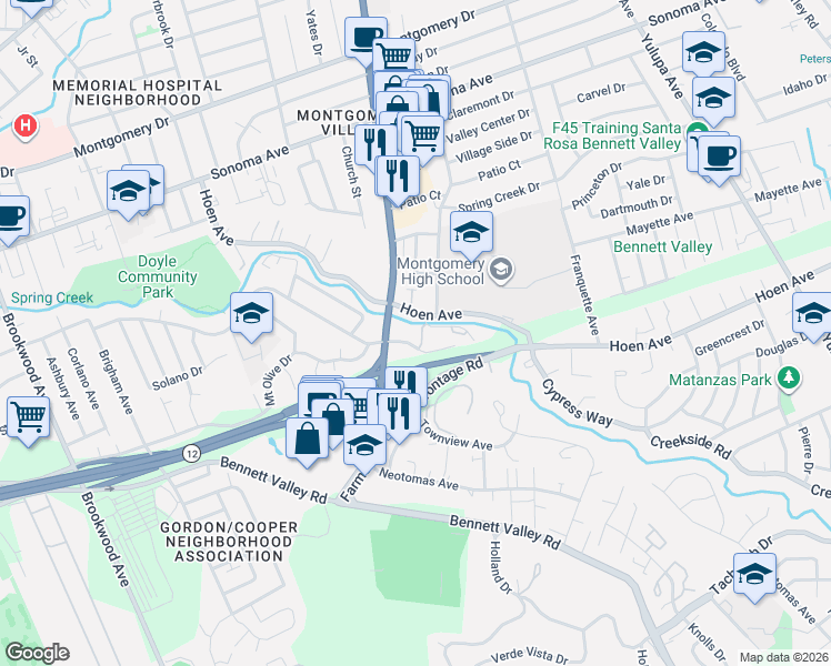 map of restaurants, bars, coffee shops, grocery stores, and more near 2500 Vallejo Street in Santa Rosa