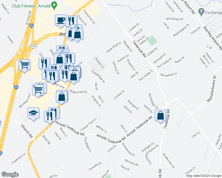 map of restaurants, bars, coffee shops, grocery stores, and more near 2433 Ridgecrest Drive in Arnold