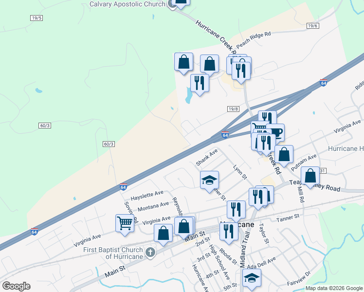 map of restaurants, bars, coffee shops, grocery stores, and more near Interstate 64 in Hurricane
