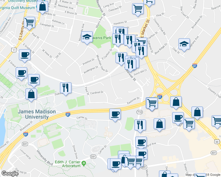 map of restaurants, bars, coffee shops, grocery stores, and more near 1133 Mountain View Drive in Harrisonburg