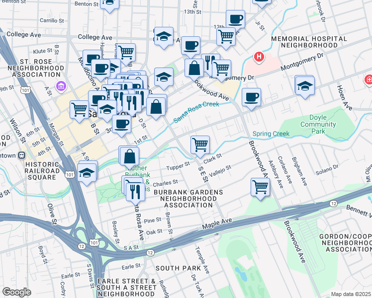 map of restaurants, bars, coffee shops, grocery stores, and more near 833 Tupper Street in Santa Rosa