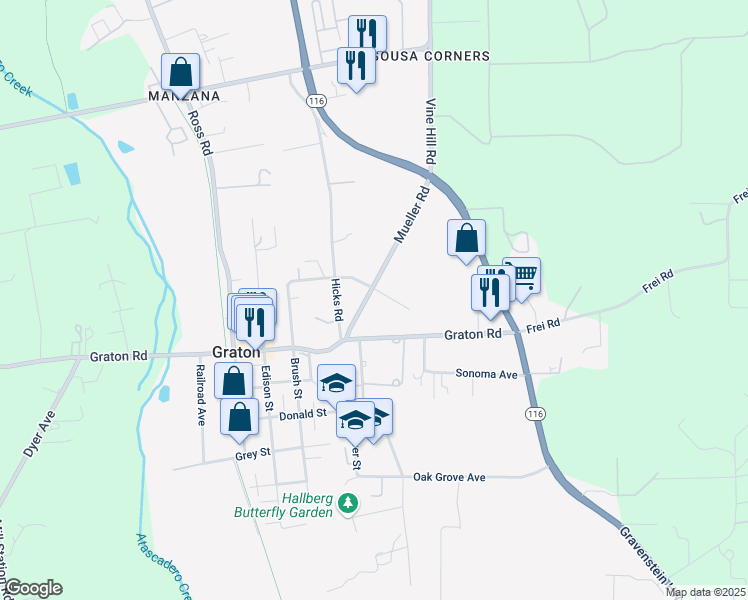 map of restaurants, bars, coffee shops, grocery stores, and more near 8657 Jeannette Avenue in Sebastopol