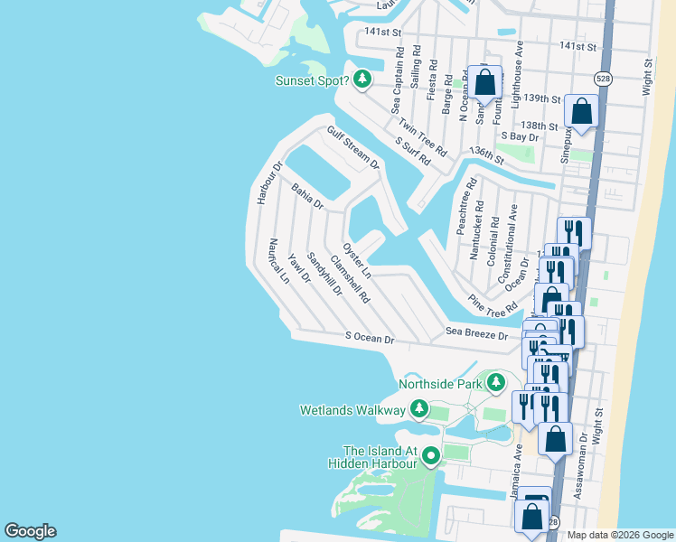 map of restaurants, bars, coffee shops, grocery stores, and more near 147 Sandyhill Drive in Ocean City