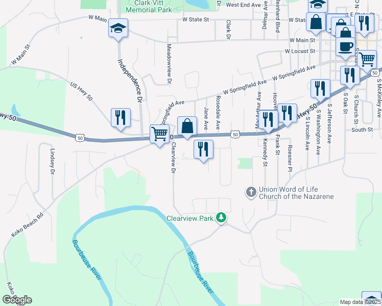 map of restaurants, bars, coffee shops, grocery stores, and more near 817 Bonnie Drive in Union