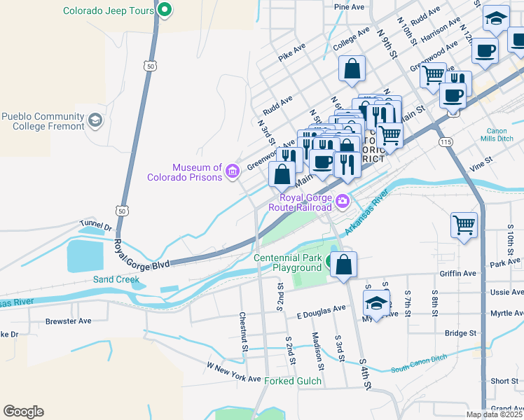 map of restaurants, bars, coffee shops, grocery stores, and more near 110 Main Street in Cañon City