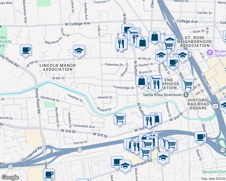 map of restaurants, bars, coffee shops, grocery stores, and more near 410 Umland Drive in Santa Rosa