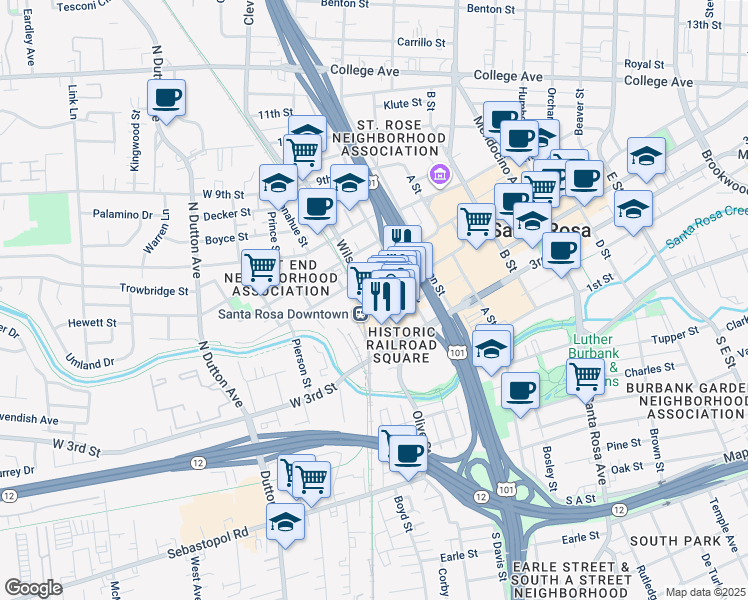 map of restaurants, bars, coffee shops, grocery stores, and more near in Santa Rosa
