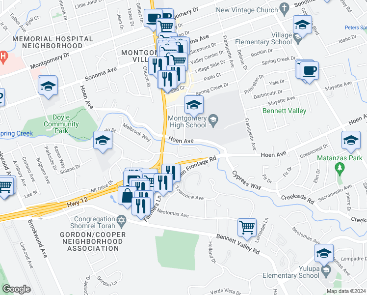 map of restaurants, bars, coffee shops, grocery stores, and more near 2581 Vallejo Street in Santa Rosa