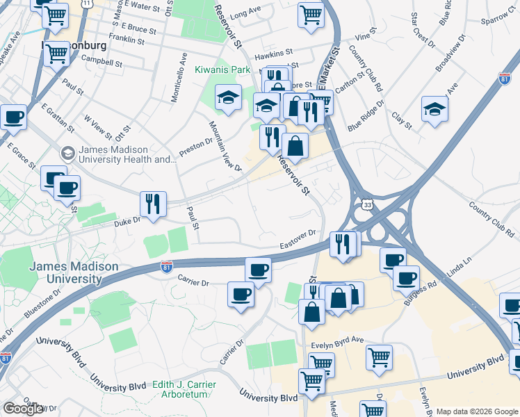 map of restaurants, bars, coffee shops, grocery stores, and more near 1216 Mountain View Drive in Harrisonburg