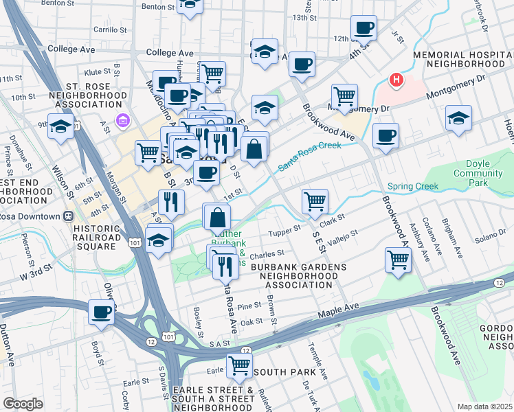 map of restaurants, bars, coffee shops, grocery stores, and more near 729 Sonoma Avenue in Santa Rosa