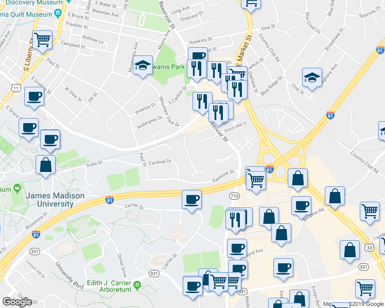 map of restaurants, bars, coffee shops, grocery stores, and more near 1216 Mountain View Drive in Harrisonburg