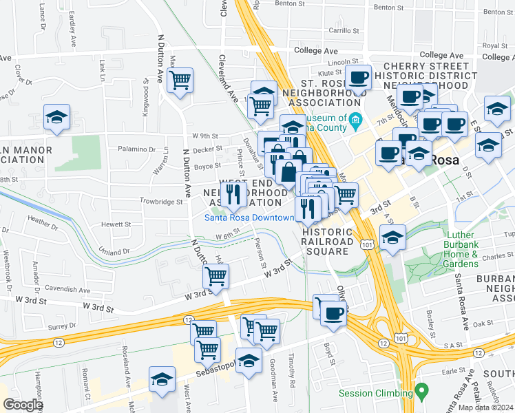 map of restaurants, bars, coffee shops, grocery stores, and more near 517 Jefferson Street in Santa Rosa