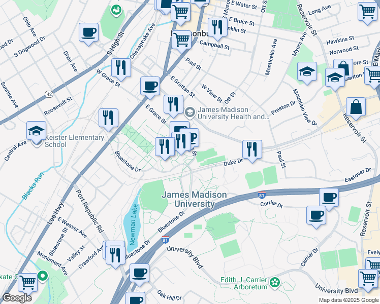 map of restaurants, bars, coffee shops, grocery stores, and more near 800 South Main Street in Harrisonburg