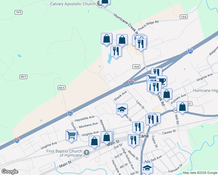map of restaurants, bars, coffee shops, grocery stores, and more near Interstate 64 in Hurricane