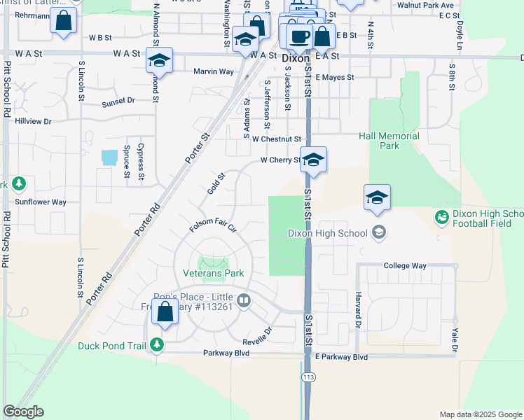 map of restaurants, bars, coffee shops, grocery stores, and more near 1190 Arizona Court in Dixon
