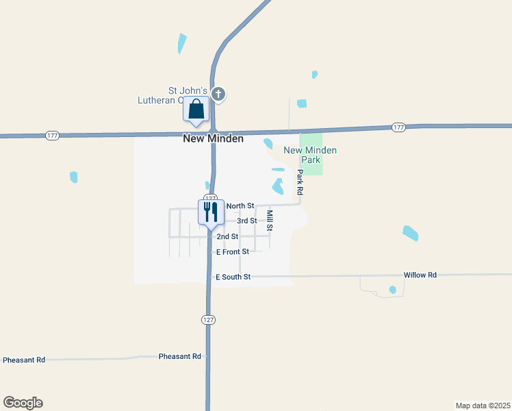 map of restaurants, bars, coffee shops, grocery stores, and more near East North Street in New Minden