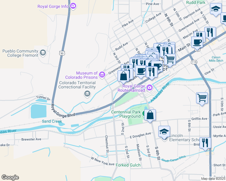 map of restaurants, bars, coffee shops, grocery stores, and more near 105 Main Street in Cañon City