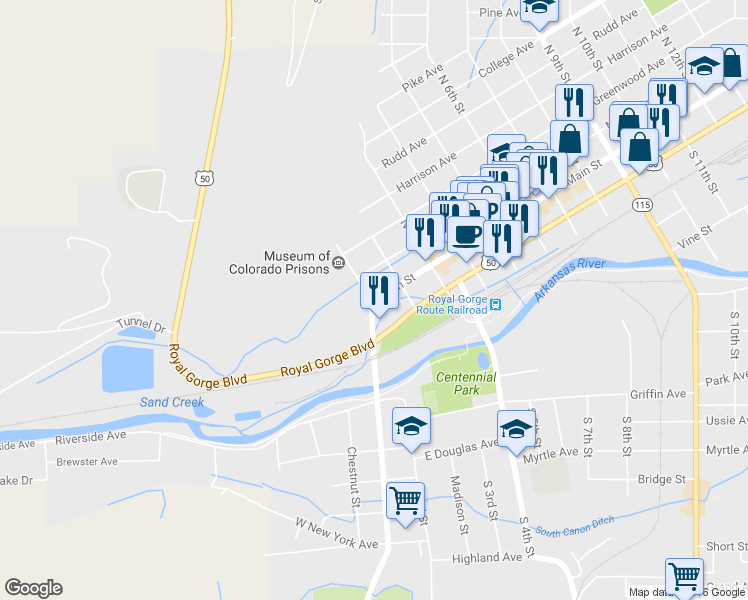 map of restaurants, bars, coffee shops, grocery stores, and more near 105 Main Street in Cañon City
