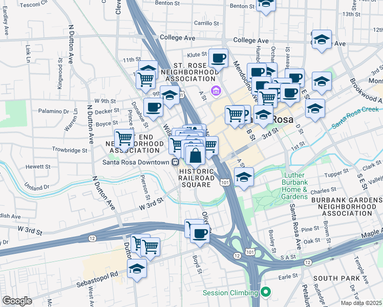 map of restaurants, bars, coffee shops, grocery stores, and more near 110 5th Street in Santa Rosa