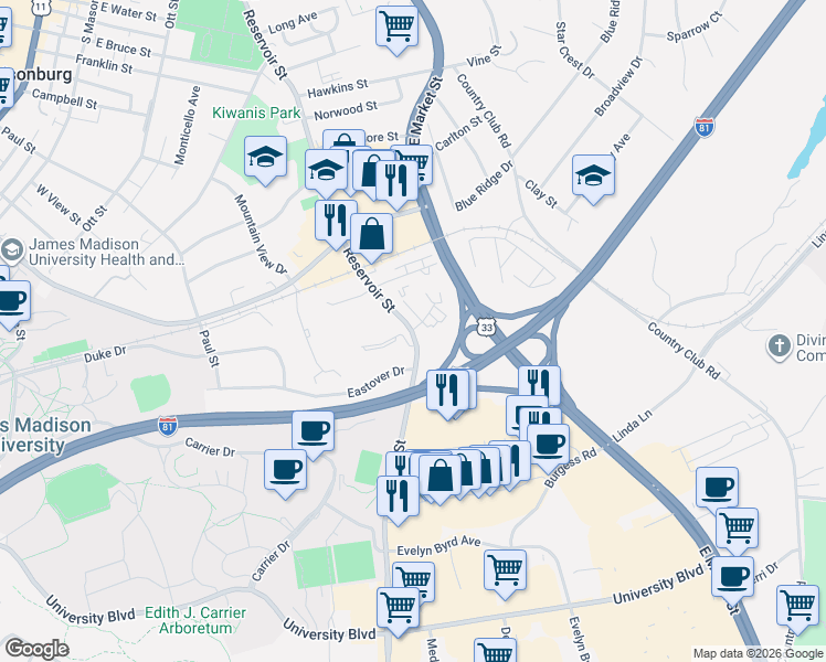map of restaurants, bars, coffee shops, grocery stores, and more near 4 Holly Court in Harrisonburg