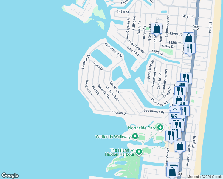 map of restaurants, bars, coffee shops, grocery stores, and more near 144 Clamshell Road in Ocean City