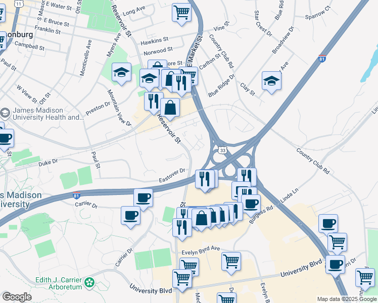 map of restaurants, bars, coffee shops, grocery stores, and more near 5 Holly Court in Harrisonburg
