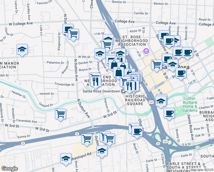 map of restaurants, bars, coffee shops, grocery stores, and more near 519 Jefferson Street in Santa Rosa
