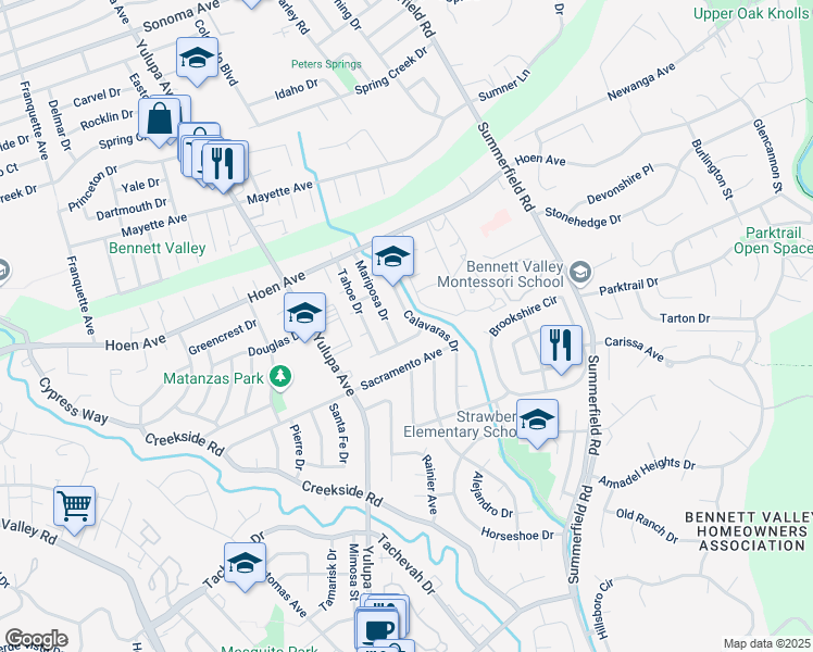 map of restaurants, bars, coffee shops, grocery stores, and more near 4110 Trinity Drive in Santa Rosa