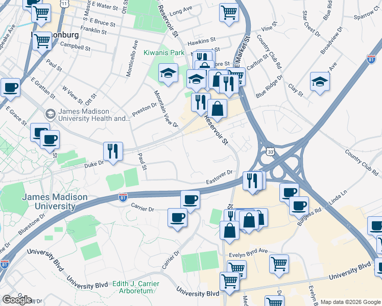 map of restaurants, bars, coffee shops, grocery stores, and more near 1216 Mountain View Drive in Harrisonburg