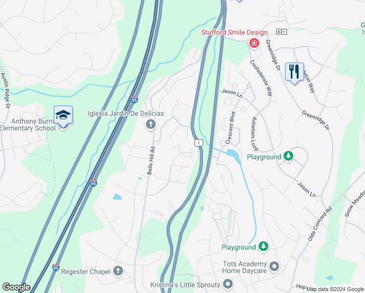 map of restaurants, bars, coffee shops, grocery stores, and more near 104 Essex Street in Stafford
