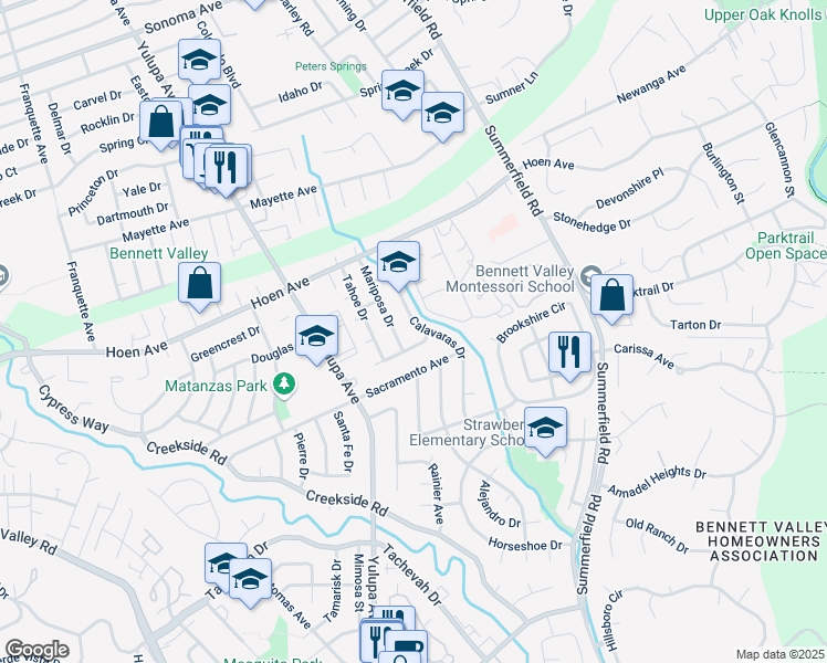 map of restaurants, bars, coffee shops, grocery stores, and more near 4110 Trinity Drive in Santa Rosa