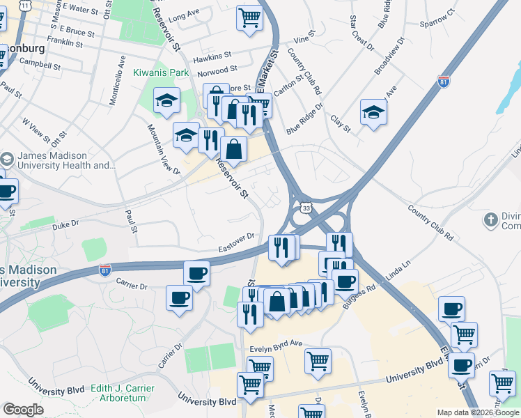 map of restaurants, bars, coffee shops, grocery stores, and more near 5 Holly Court in Harrisonburg