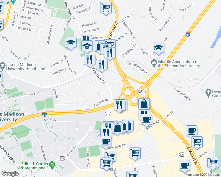 map of restaurants, bars, coffee shops, grocery stores, and more near 10 Holly Court in Harrisonburg