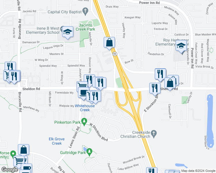 map of restaurants, bars, coffee shops, grocery stores, and more near 8151 Sheldon Road in Elk Grove