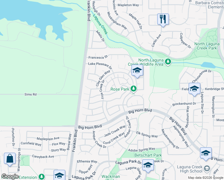 map of restaurants, bars, coffee shops, grocery stores, and more near 5404 Deepdale Way in Elk Grove