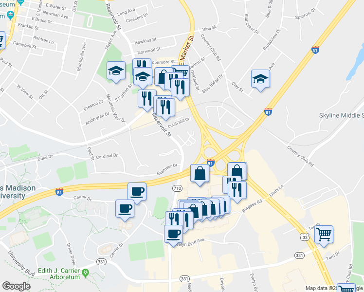 map of restaurants, bars, coffee shops, grocery stores, and more near 13 Holly Court in Harrisonburg