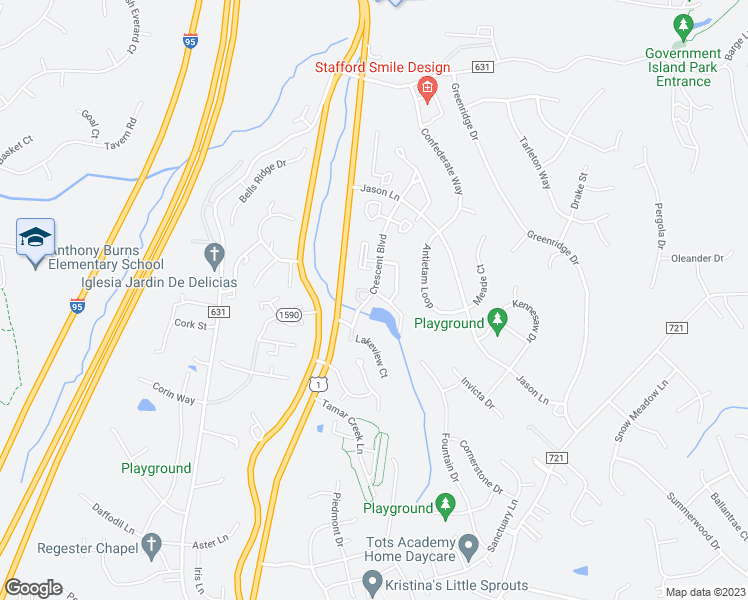 map of restaurants, bars, coffee shops, grocery stores, and more near 302 Crescent Boulevard in Stafford