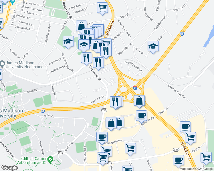 map of restaurants, bars, coffee shops, grocery stores, and more near 14 Holly Court in Harrisonburg
