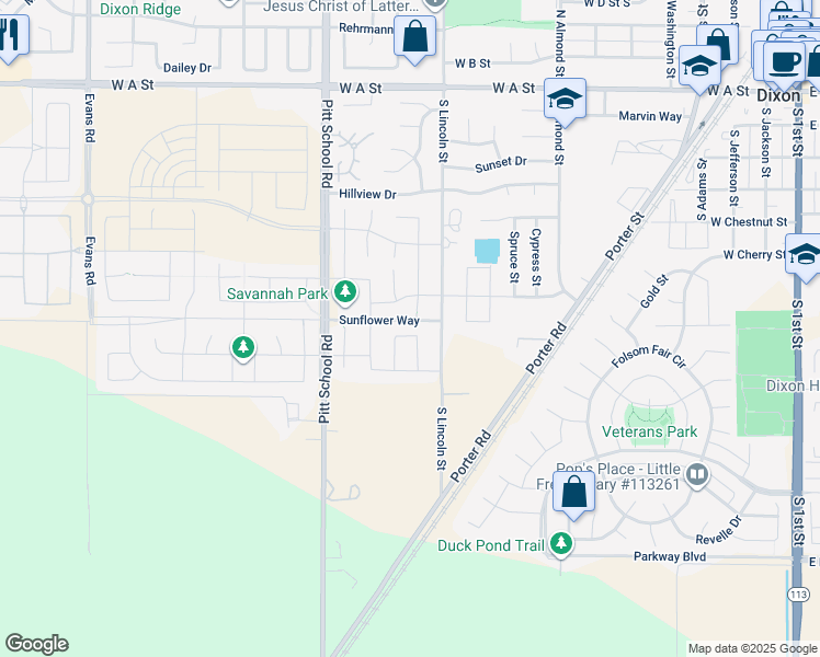 map of restaurants, bars, coffee shops, grocery stores, and more near 1140 Morningside Place in Dixon