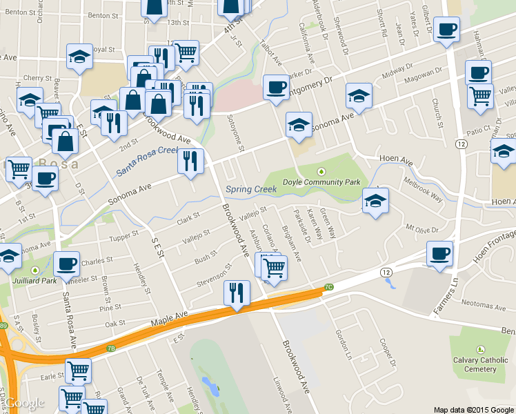 map of restaurants, bars, coffee shops, grocery stores, and more near 162 Walnut Court in Santa Rosa