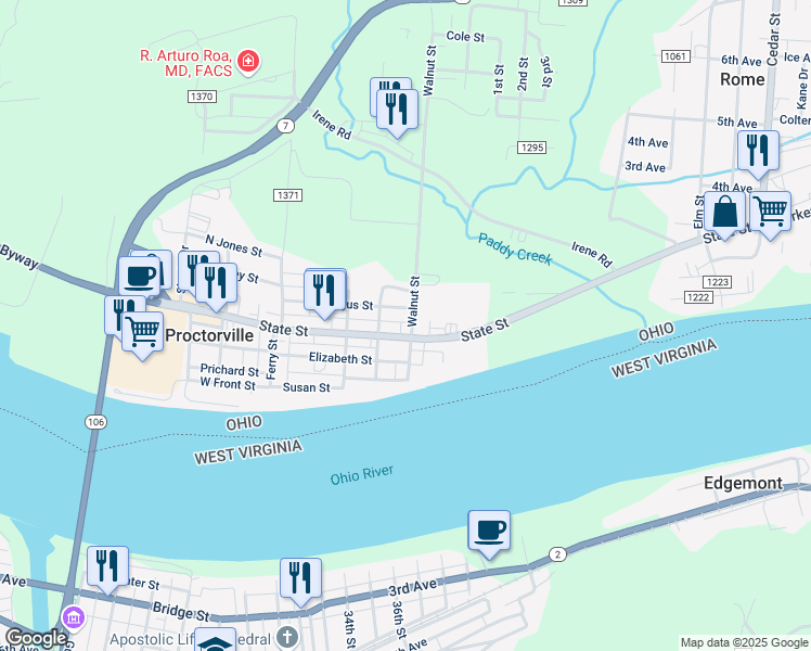 map of restaurants, bars, coffee shops, grocery stores, and more near 411 Wilgus Street in Proctorville