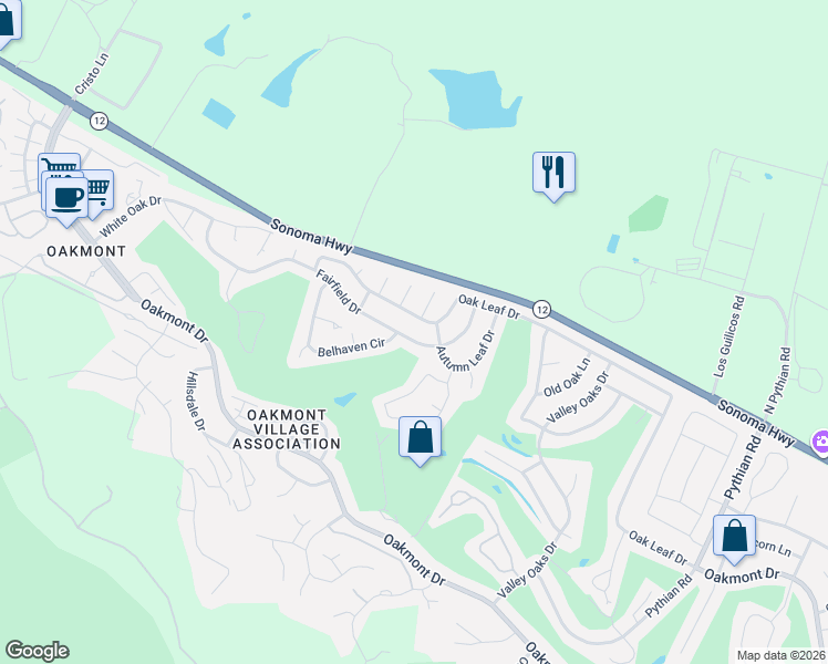 map of restaurants, bars, coffee shops, grocery stores, and more near 7085 Oak Leaf Drive in Santa Rosa