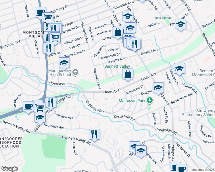 map of restaurants, bars, coffee shops, grocery stores, and more near 1282 Martha Way in Santa Rosa