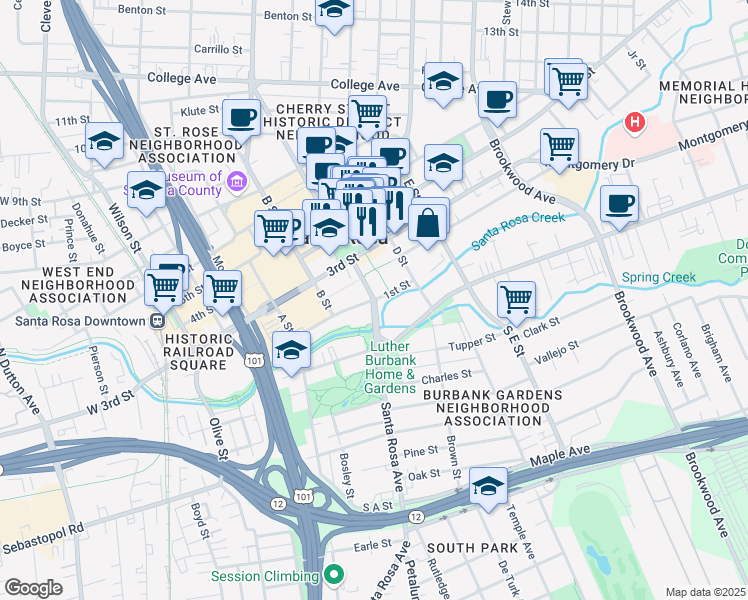 map of restaurants, bars, coffee shops, grocery stores, and more near in Santa Rosa