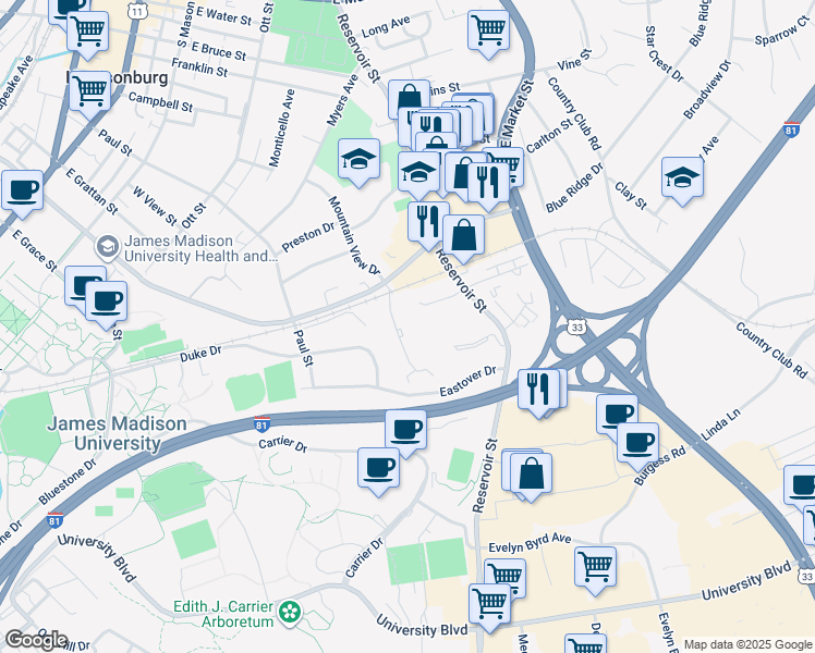 map of restaurants, bars, coffee shops, grocery stores, and more near 1121 Reservoir Street in Harrisonburg